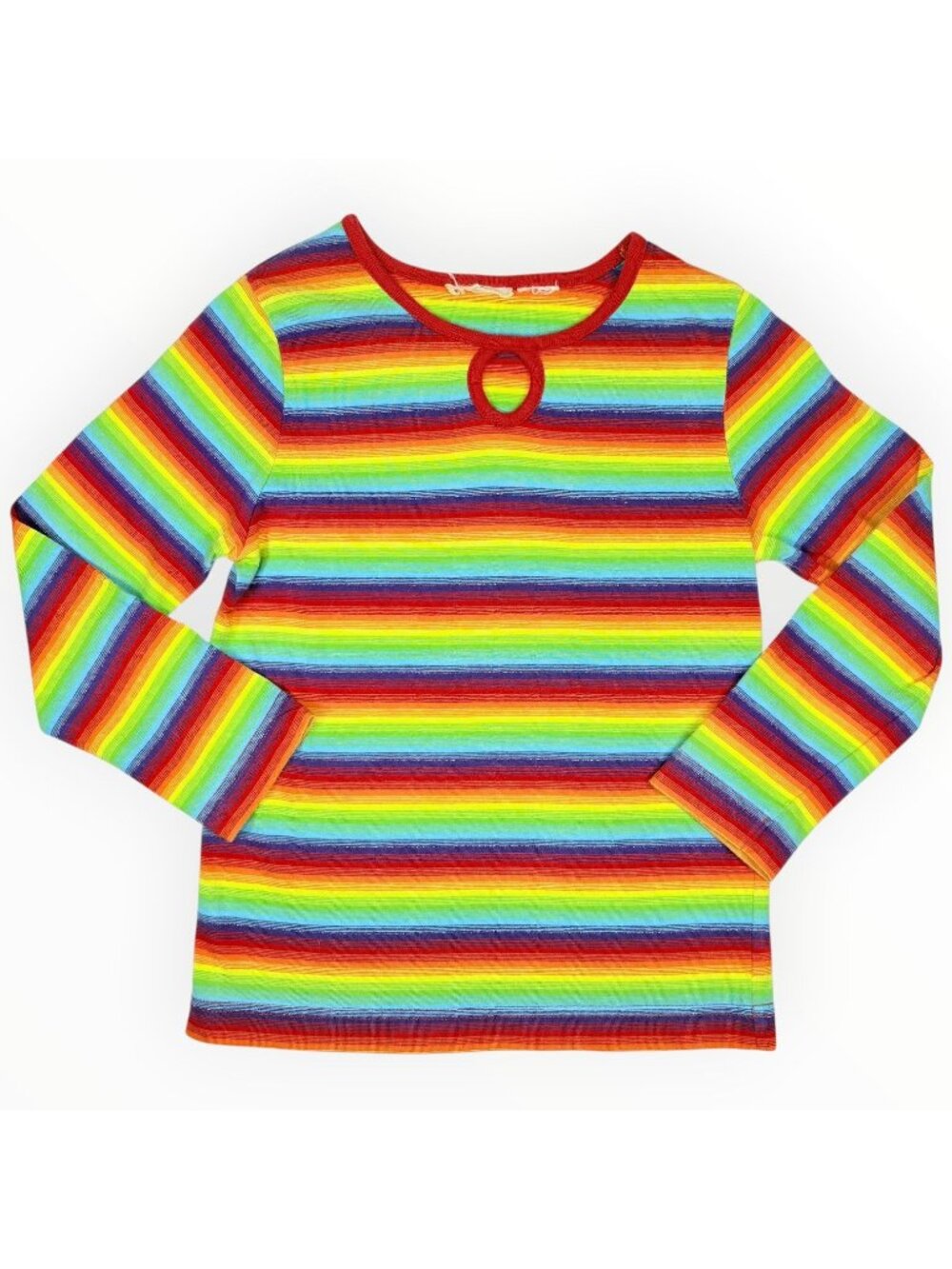 Vintage Y2K Girls Rainbow Stripe Long Sleeve Keyhole Shirt Top 6 - 8